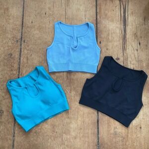 Set Of Three Sports Bras Black Blue Teal Medium Activewear Gym Workout Top
